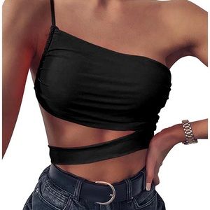 one shoulder spaghetti strap cutout crop top